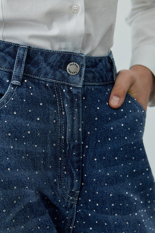 Işıltılı Baggy Straight Fit Denim Pantolon Lacivert