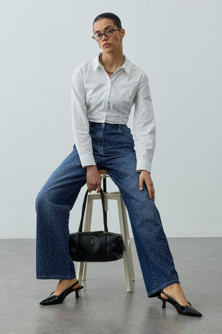 Işıltılı Baggy Straight Fit Denim Pantolon Lacivert