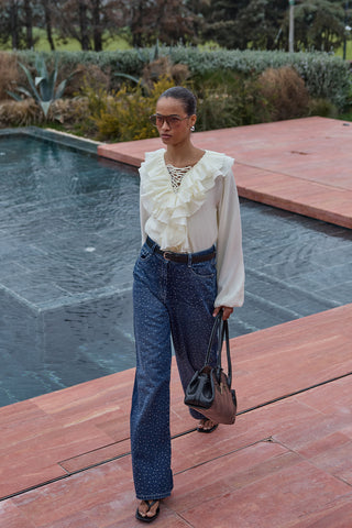 Işıltılı Baggy Straight Fit Denim Pantolon Lacivert