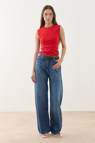 Işıltılı Baggy Straight Fit Denim Pantolon Lacivert