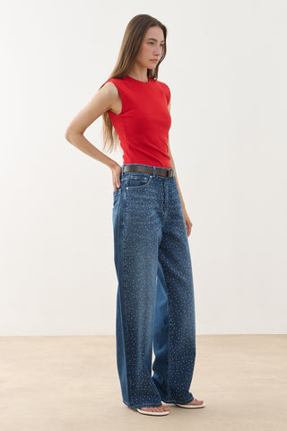 Işıltılı Baggy Straight Fit Denim Pantolon Lacivert