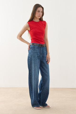 Işıltılı Baggy Straight Fit Denim Pantolon Lacivert