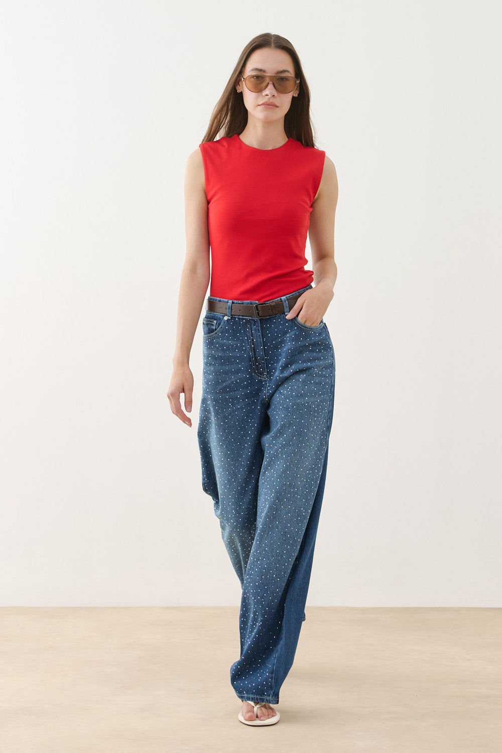 Işıltılı Baggy Straight Fit Denim Pantolon Lacivert