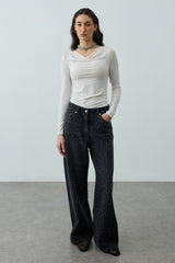 Işıltılı Baggy Straight Fit Denim Pantolon Siyah