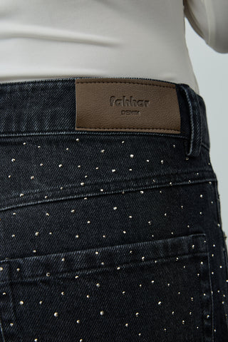 Işıltılı Baggy Straight Fit Denim Pantolon Siyah