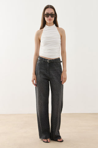 Işıltılı Baggy Straight Fit Denim Pantolon Siyah