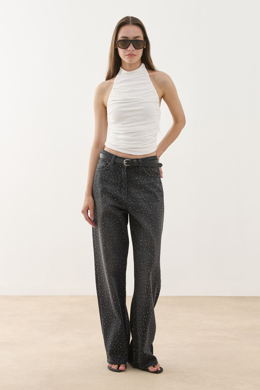 Işıltılı Baggy Straight Fit Denim Pantolon Siyah