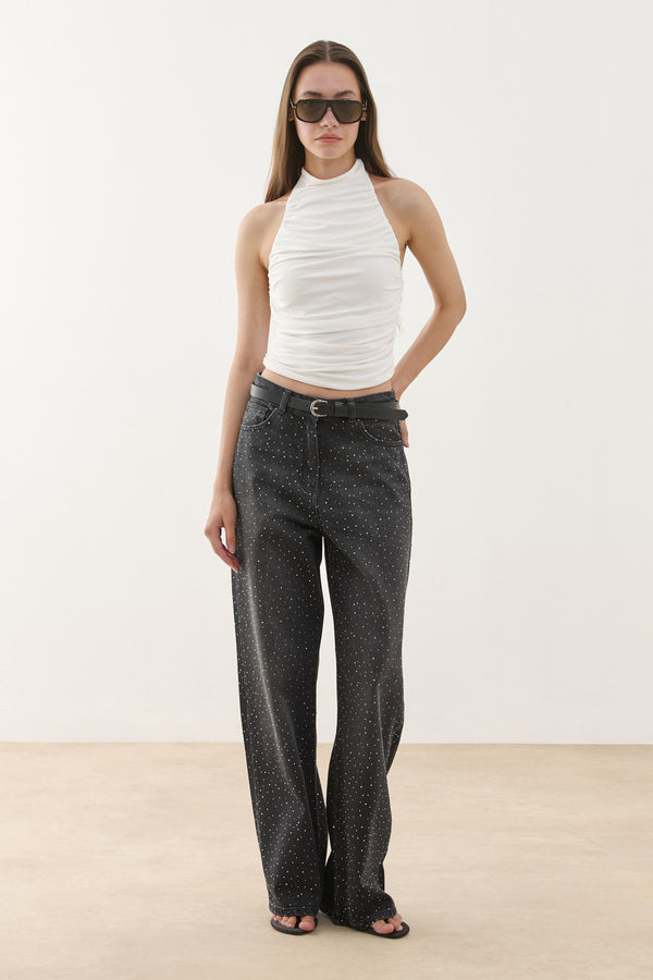 Işıltılı Baggy Straight Fit Denim Pantolon Siyah