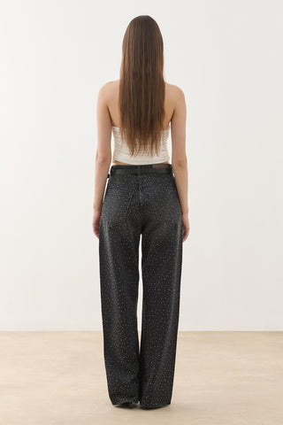 Işıltılı Baggy Straight Fit Denim Pantolon Siyah