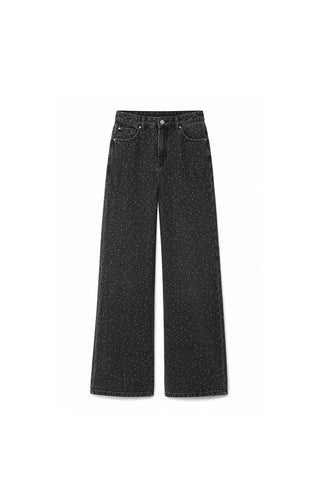 Işıltılı Baggy Straight Fit Denim Pantolon Siyah