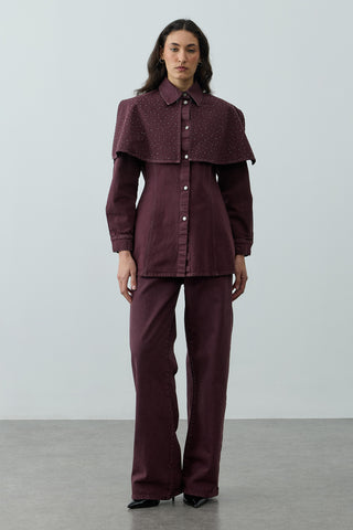 Işıltılı Pelerin Detaylı Denim Gömlek Ceket Bordo