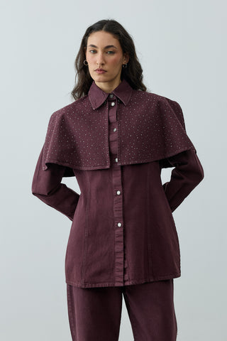 Işıltılı Pelerin Detaylı Denim Gömlek Ceket Bordo