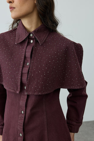 Işıltılı Pelerin Detaylı Denim Gömlek Ceket Bordo