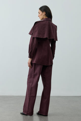 Işıltılı Pelerin Detaylı Denim Gömlek Ceket Bordo