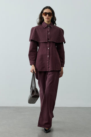 Işıltılı Pelerin Detaylı Denim Gömlek Ceket Bordo