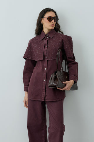 Işıltılı Pelerin Detaylı Denim Gömlek Ceket Bordo