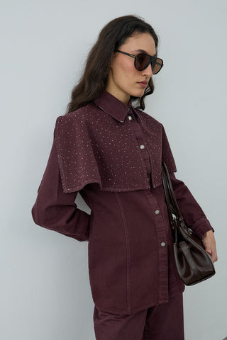 Işıltılı Pelerin Detaylı Denim Gömlek Ceket Bordo