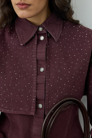 Işıltılı Pelerin Detaylı Denim Gömlek Ceket Bordo