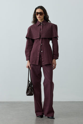 Işıltılı Pelerin Detaylı Denim Gömlek Ceket Bordo