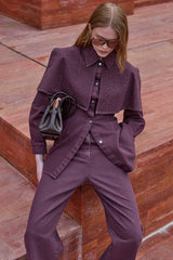 Işıltılı Pelerin Detaylı Denim Gömlek Ceket Bordo