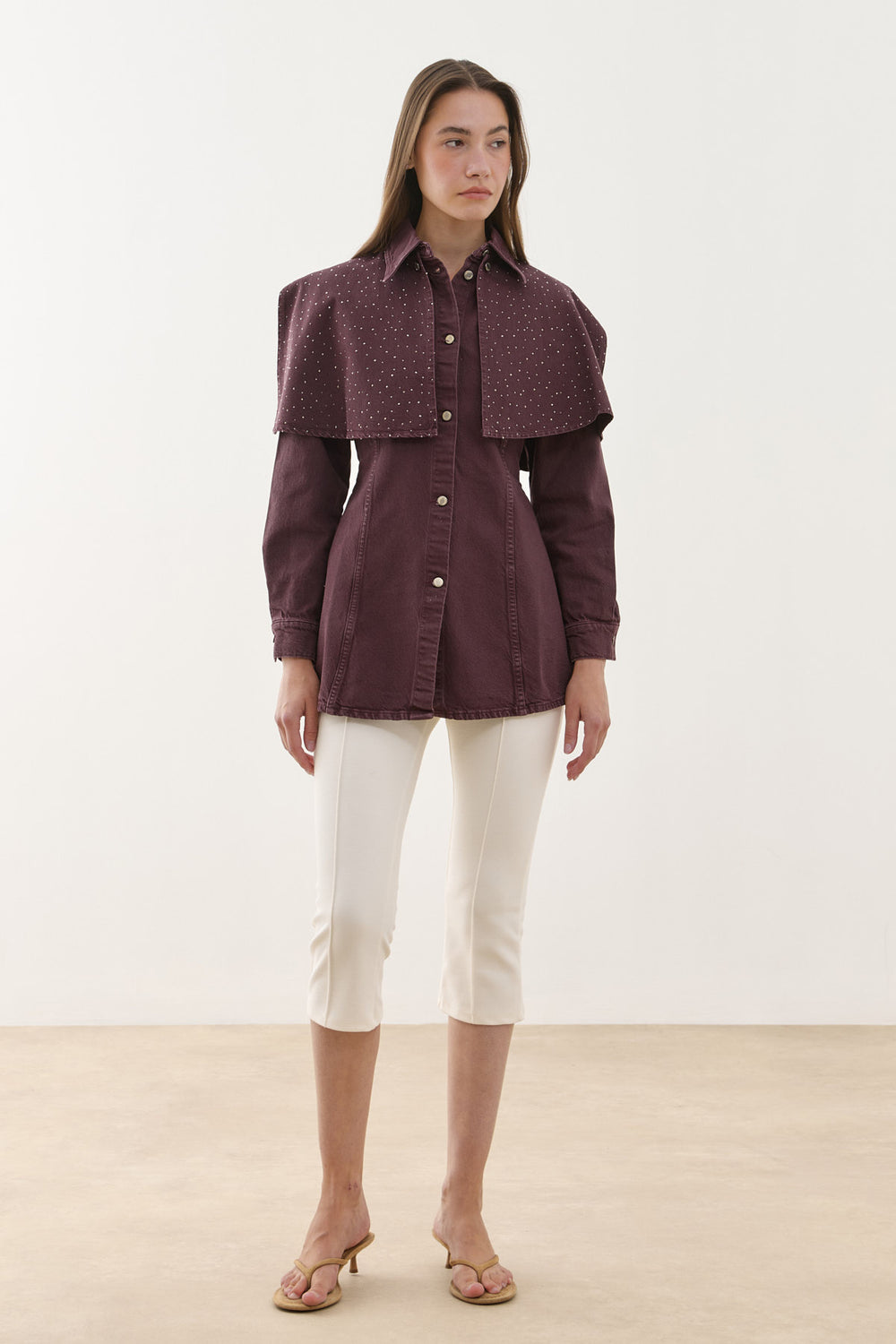 Işıltılı Pelerin Detaylı Denim Gömlek Ceket Bordo