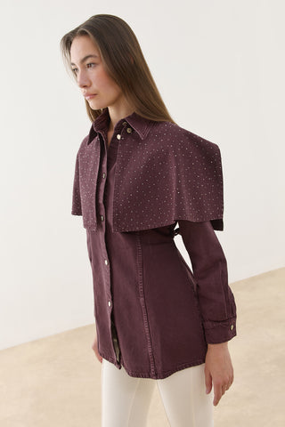 Işıltılı Pelerin Detaylı Denim Gömlek Ceket Bordo