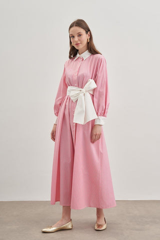 Kadın Gömlek Elbise Çizgili Pembe - Fahhar Design