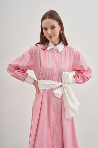 Kadın Gömlek Elbise Çizgili Pembe - Fahhar Design