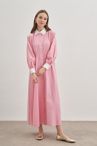 Kadın Gömlek Elbise Çizgili Pembe - Fahhar Design
