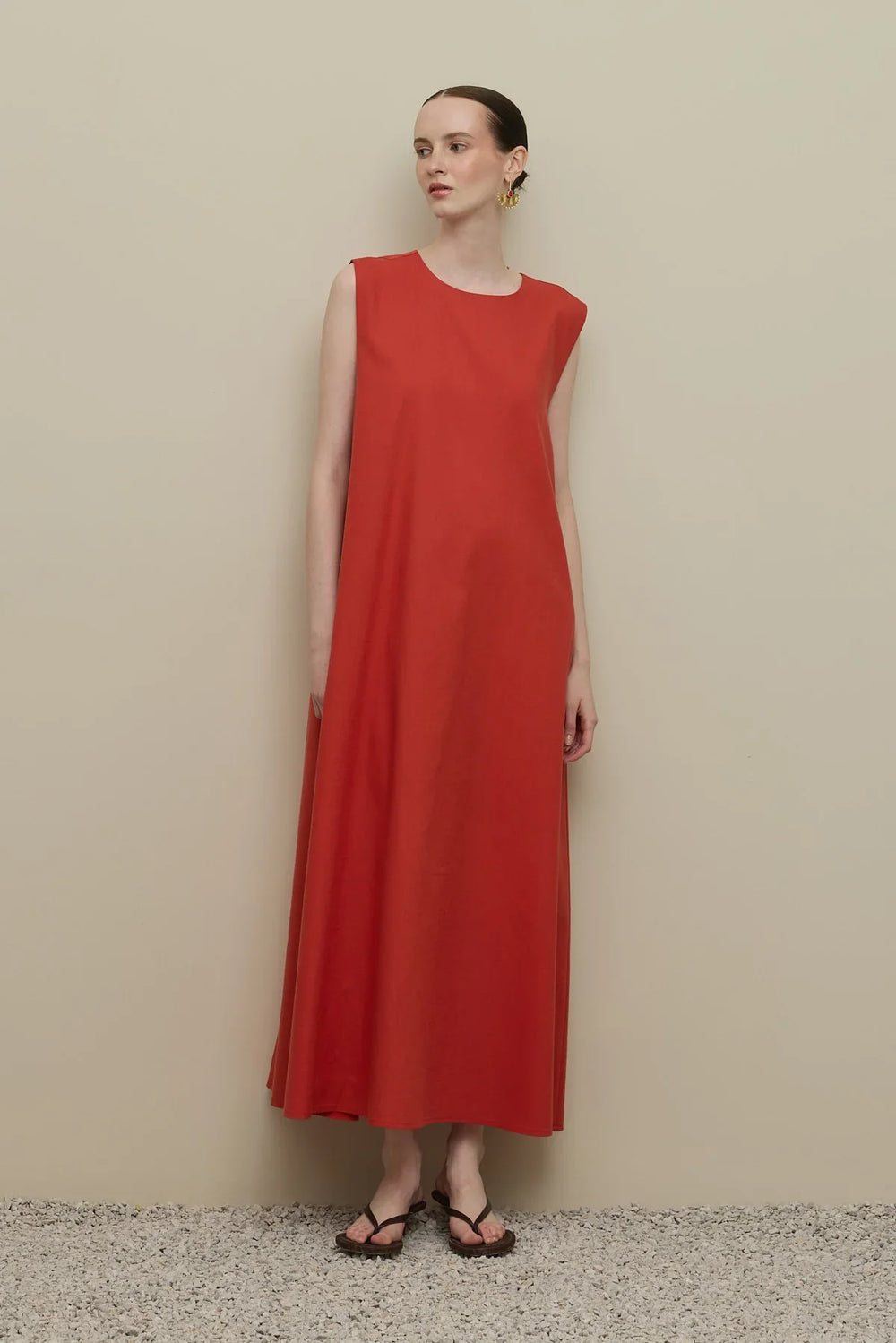 Thick Strap Basic Linen Dress Red