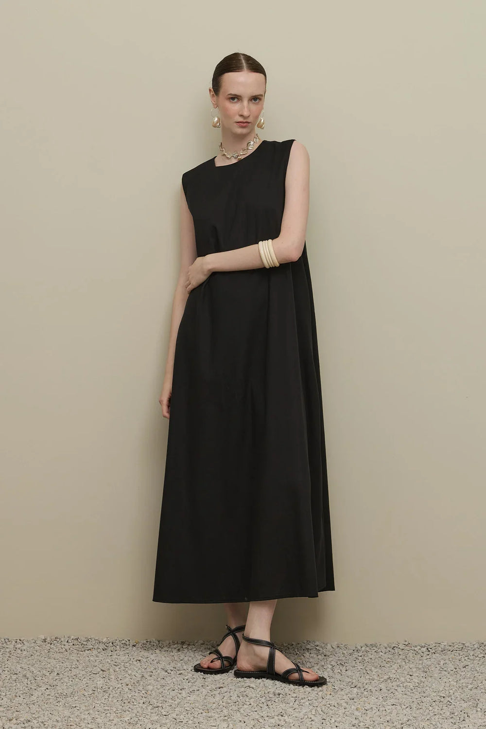 Thick Strap Basic Linen Dress Black