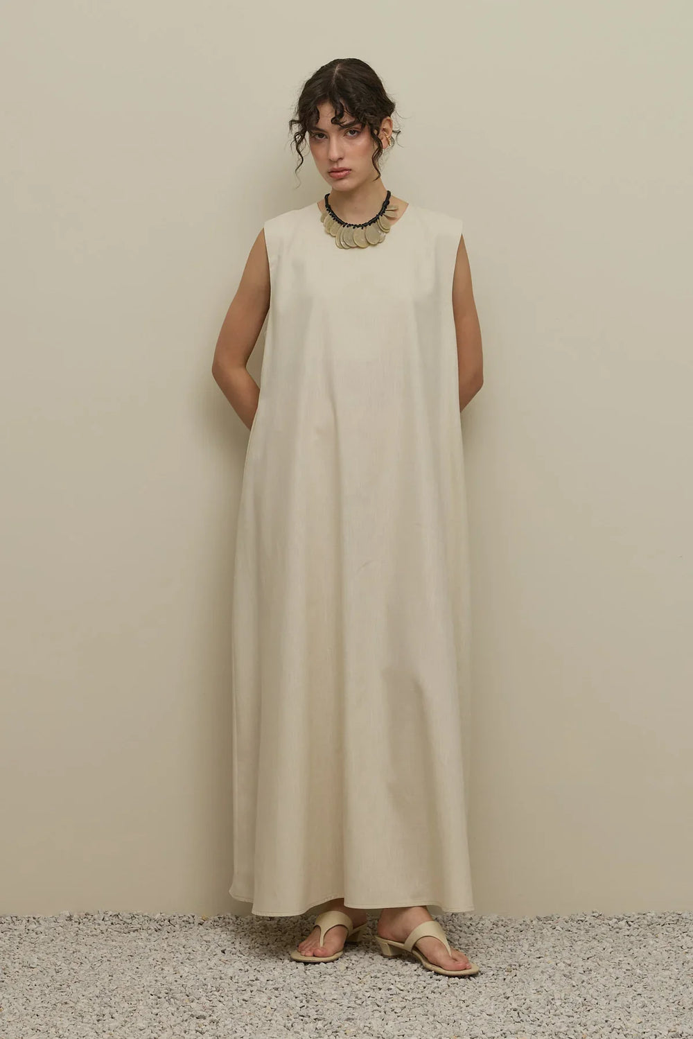 Thick Strap Basic Linen Dress Stone
