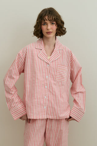 Kalın Çizgili Gömlekli Pijama Takımı Pembe