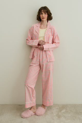 Kalın Çizgili Gömlekli Pijama Takımı Pembe