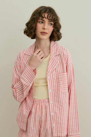Kalın Çizgili Gömlekli Pijama Takımı Pembe