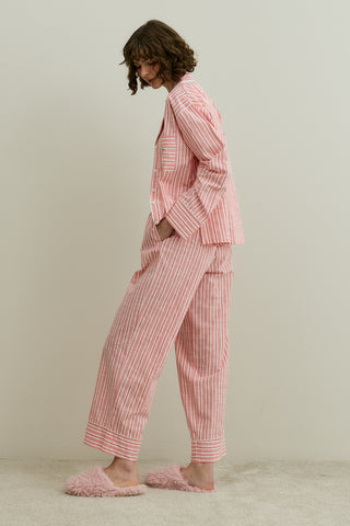 Kalın Çizgili Gömlekli Pijama Takımı Pembe