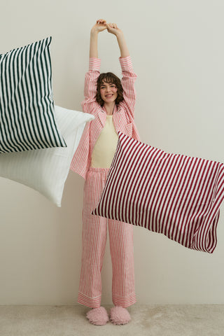 Kalın Çizgili Gömlekli Pijama Takımı Pembe