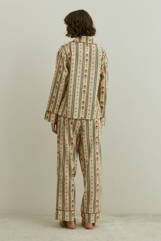 Kalp Desenli Pamuk Pijama Takımı Bej