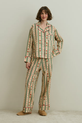 Kalp Desenli Pamuk Pijama Takımı Bej