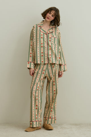 Kalp Desenli Pamuk Pijama Takımı Bej