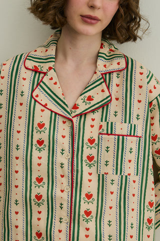 Kalp Desenli Pamuk Pijama Takımı Bej