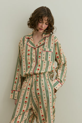 Kalp Desenli Pamuk Pijama Takımı Bej