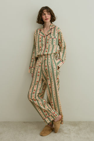 Kalp Desenli Pamuk Pijama Takımı Bej