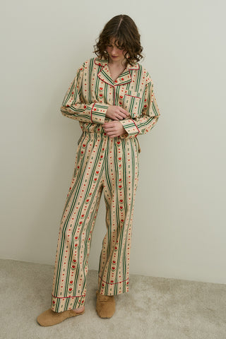 Kalp Desenli Pamuk Pijama Takımı Bej