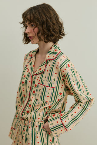 Kalp Desenli Pamuk Pijama Takımı Bej