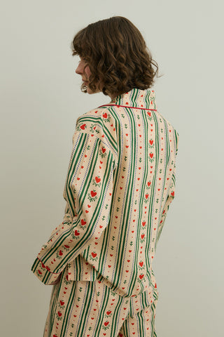 Kalp Desenli Pamuk Pijama Takımı Bej