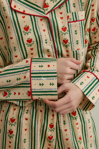 Kalp Desenli Pamuk Pijama Takımı Bej