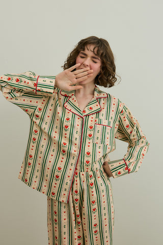 Kalp Desenli Pamuk Pijama Takımı Bej