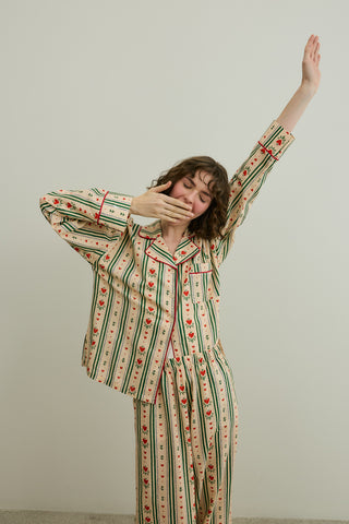 Kalp Desenli Pamuk Pijama Takımı Bej