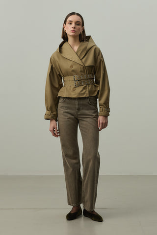 Kapüşonlu Kemerli Trenç Ceket Haki